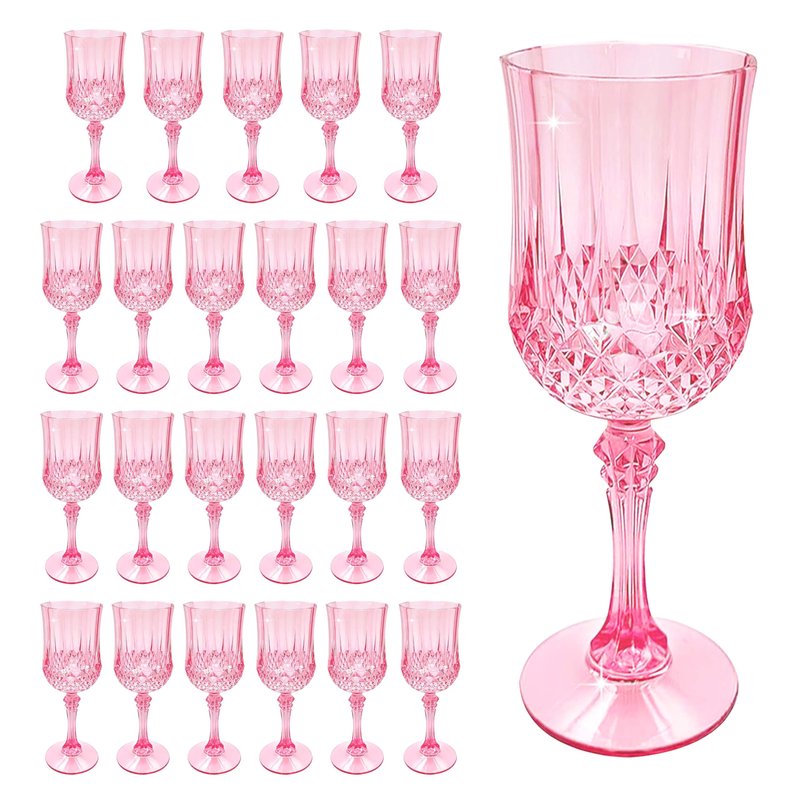 JUSONEY 7oz Vintage-Inspired Plastic Wine Glasses | 48-Piece Crystal Textured Plastic Goblets，Disposable Wine Glasses for Weddings, Parties & Elegant Events(48-Pink)
