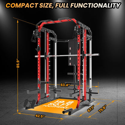 Patikuin Heavy-Duty Power Cage Smith Machine – Multi-Functional Comprehensive Home Gym Rack with Cable Crossover, Dual Pulley, LAT Pulldown, Dip Bars, Tricep Rope – Space-Saving, Black-Red