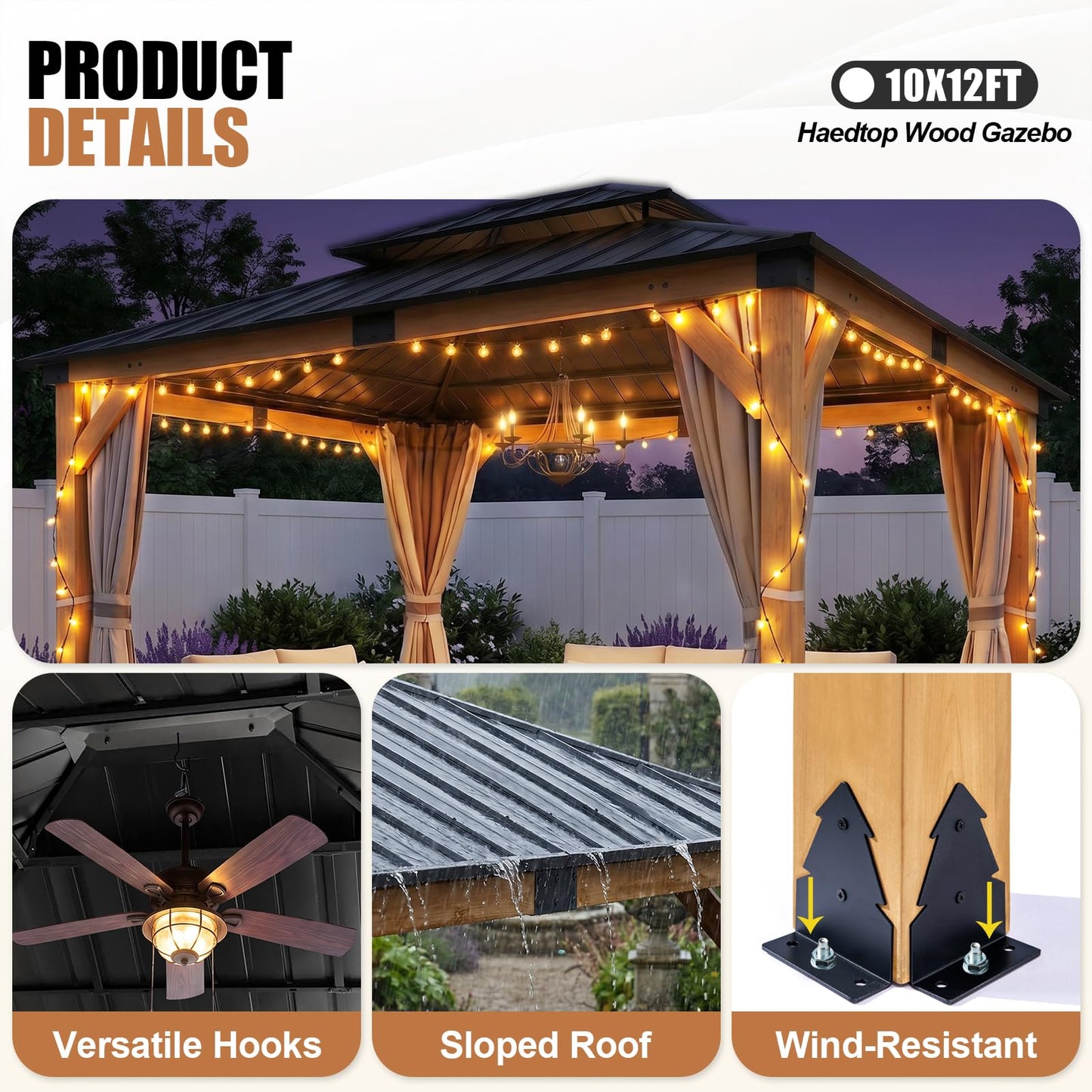 StarEcho 10X12 FT Cedar Wood Hardtop Gazebo, Heavy Duty Wooden Frame Gazebo with Metal Roof, Outdoor Patio Canopy for Backyard, Deck, Lawn & Garden