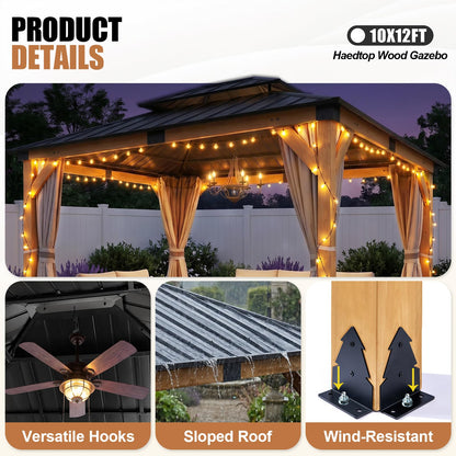StarEcho 10X12 FT Cedar Wood Hardtop Gazebo, Heavy Duty Wooden Frame Gazebo with Metal Roof, Outdoor Patio Canopy for Backyard, Deck, Lawn & Garden