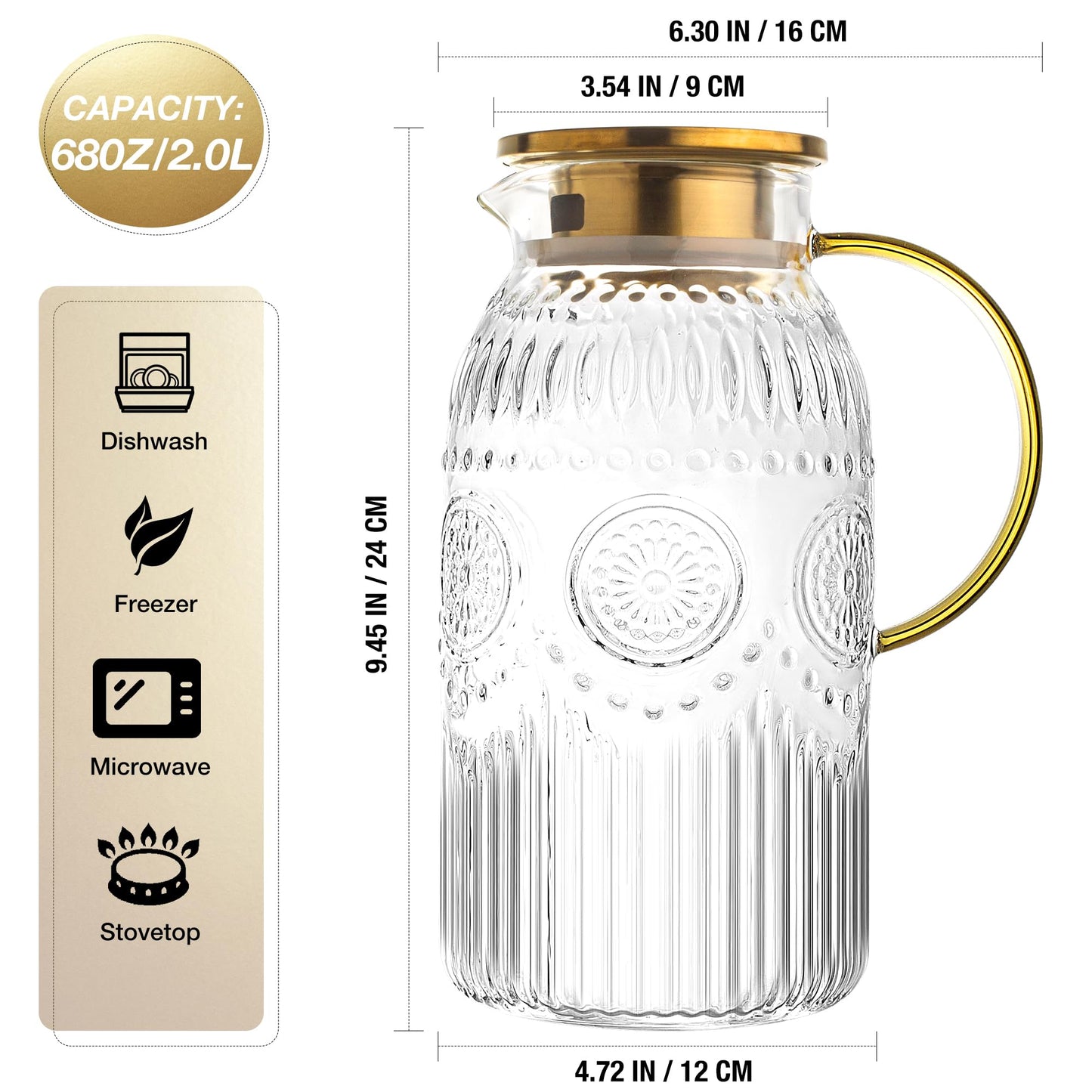 Amzcku Glass Pitcher with Lid, 68 oz/ 2 Liter Vintage Water Pitcher,Glass Water Carafe for Cold Brew, Coffee, Lemonade, Iced Tea,Beverage, Heat Resistant Water Glass Jug 1Pack