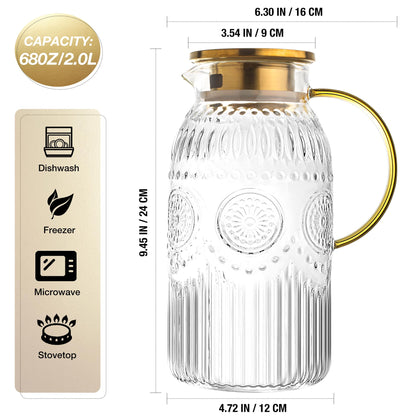 Amzcku Glass Pitcher with Lid, 68 oz/ 2 Liter Vintage Water Pitcher,Glass Water Carafe for Cold Brew, Coffee, Lemonade, Iced Tea,Beverage, Heat Resistant Water Glass Jug 1Pack
