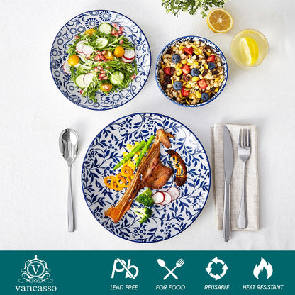 vancasso SELENE Plates and Bowls Set for 4, 12 Pieces Dinnerware Sets, Mircowave and Dishwasher Safe Dishes Set, Porcelain Blue Dinnerware