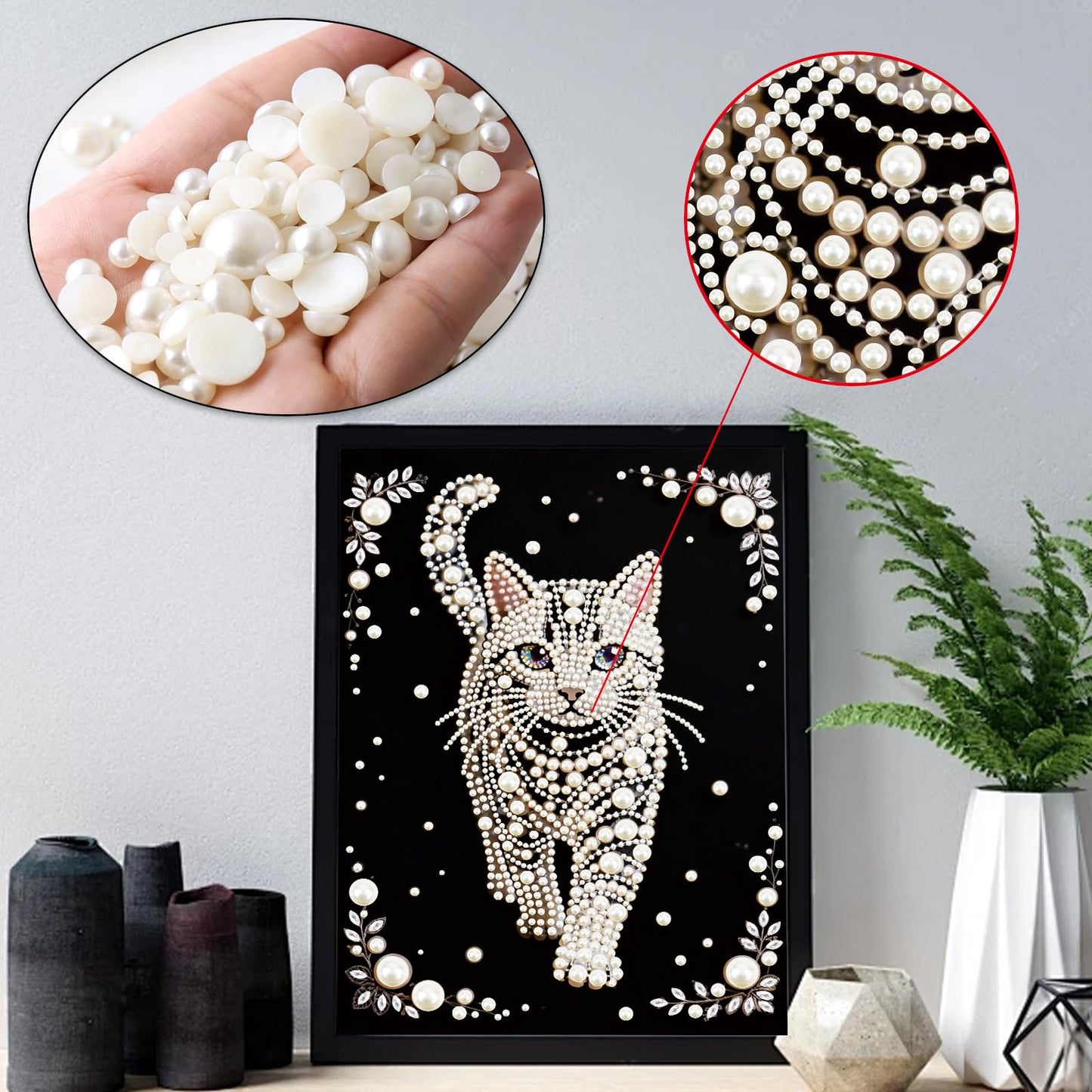 WSLWXSHM Pearl Diamond Painting Kits for Adults Cat, 5D Special Shape Diamond Art Kits for Beginners, Crystal Rhinestones Diamond Painting for Home Wall Decoration Gift 12×16inch/30×40cm, Animal