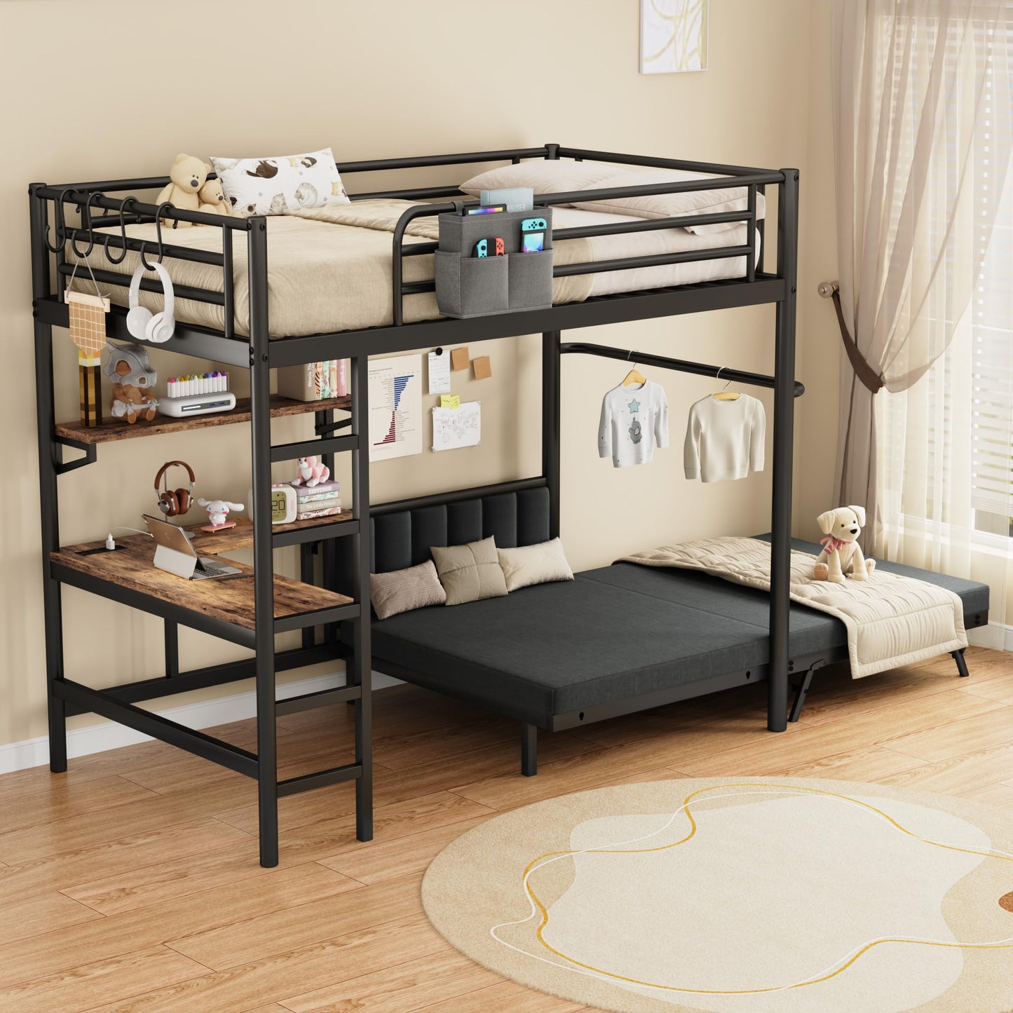 Twin Loft Bed with Matteress, Heavy Duty Metal Bunk Bed Frame with Pull-Out Folding Bed and Desk, Dual-Access Bed, Charging Station, 2-Tier Adjustable Shelves, Safety Guard Rail & Ladder (Dark Black)