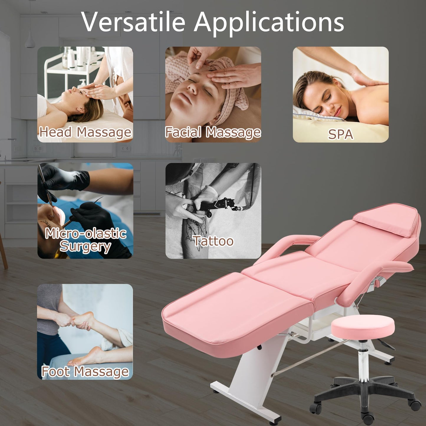 Massage Salon Tattoo Chair with Two Trays Esthetician Bed with Hydraulic Stool,Multi Purpose 3 Section Facial Bed Table, Adjustable Beauty Barber Spa Beauty Equipment, Pink