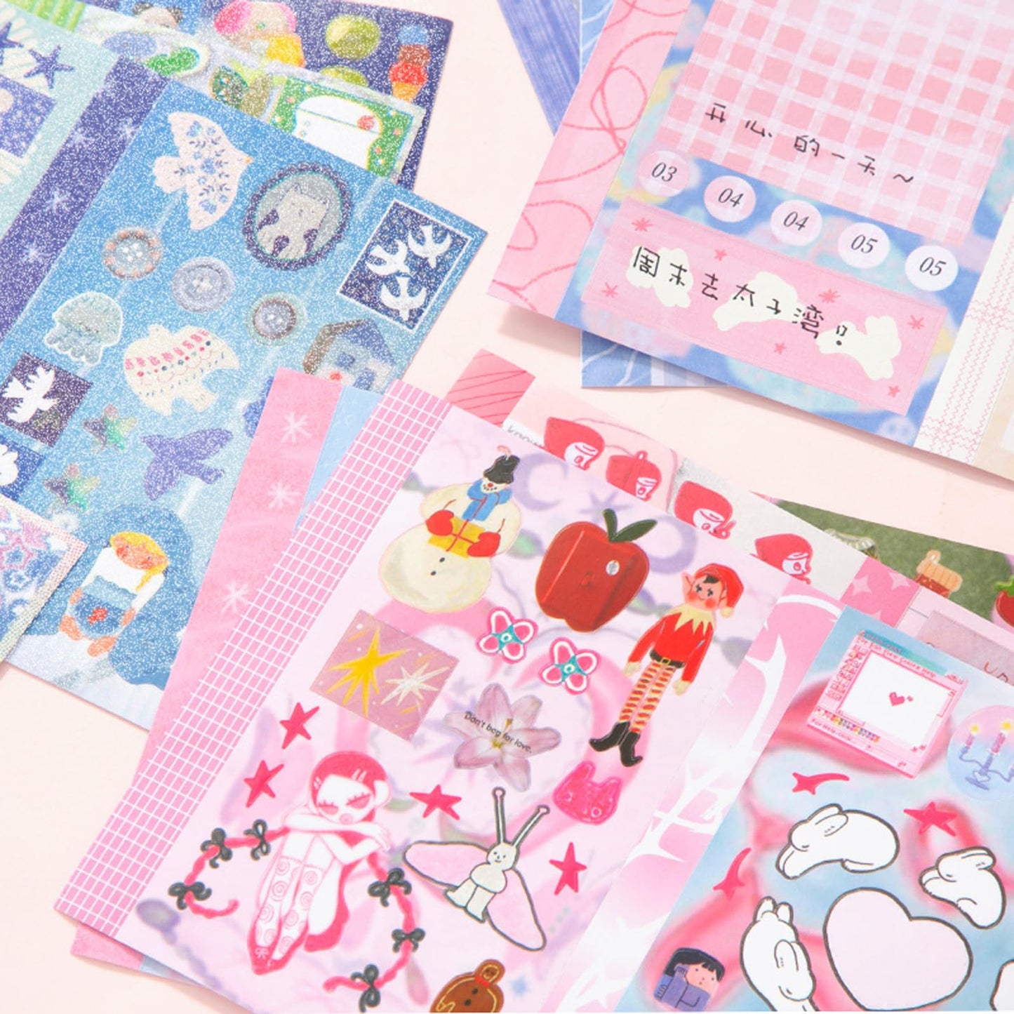 ZHIJIANHZ Japanese Manga Sticker Book 2-Pack,60 Sheets with Glitter, Matte and Writable Note Stickers for Journaling, Ins Style Scrapbook Supplies, 5.8 x 4.1 Inch Kawaii Sticker Set