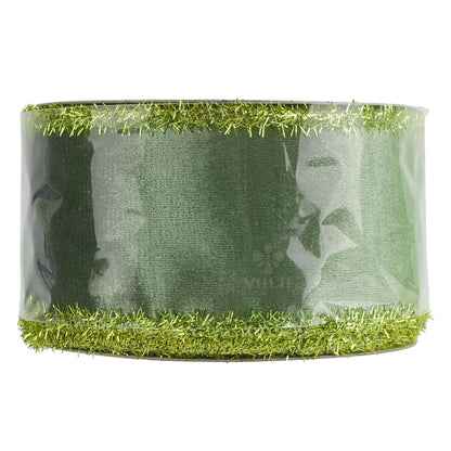 MEEDEE Moss Green Velvet Gold Tinsel Edge Ribbon 2.5 Inch Christmas Metallic 10 Yards Spool for Tree, Garlands, Wreaths, Bows, Tree Toppers, Crafts