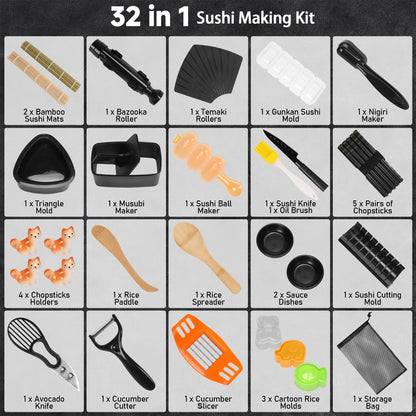FUNGYAND Sushi Making Kit, 32-in-1 Complete Set with Bazooka Roller, Nigiri & Musubi Presses, Bamboo Mats, Knife, Peeler, Animal Rice Molds, Chopsticks & More – Perfect for Family Fun