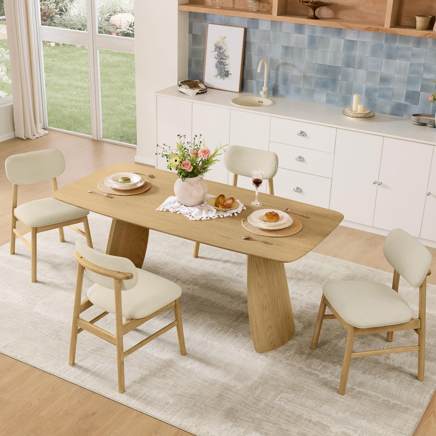 CHITA 71" Modern Dining Table for 6, Rectangle Wood Kitchen & Dining Room Table, Solid Rubberwood Frame, Bentwood Legs, Oak Venner