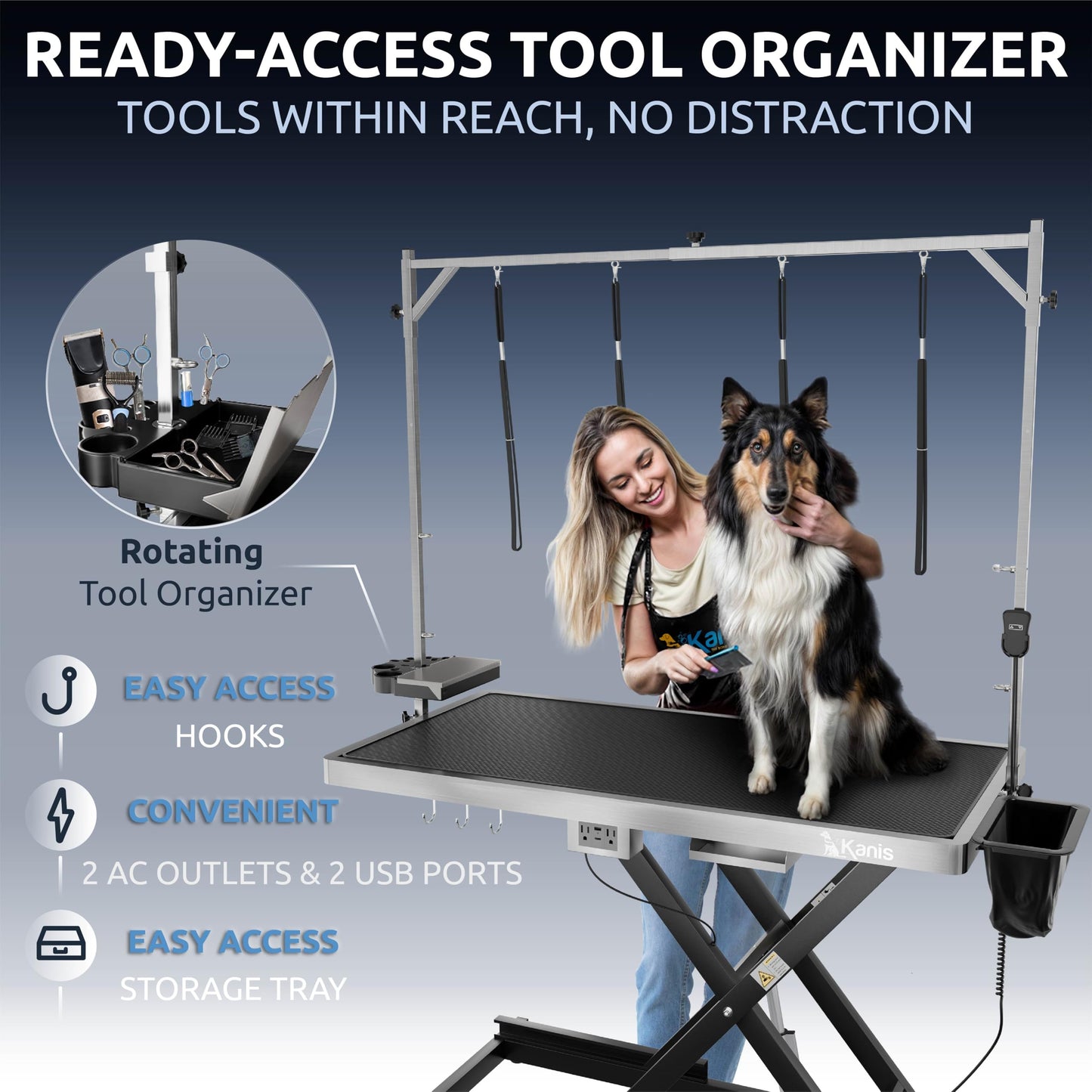 KANIS Professional Electric Dog Grooming Table - Heavy Duty, Height Adjustable Pet Grooming Table w/Leveling Wheels, Grooming Arm, Anti-Slip Tabletop & Tool Organizer/Dog Grooming Station (Black, 49")