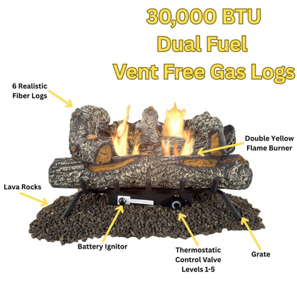 Comfort Glow 24" Vent Free Gas Log Set, Dual Fuel, 30,000 BTU with Adjustable Thermostat Knob, Heats Up to 1,000 Sq Ft Area, Black Forest Logs - GLD2460T