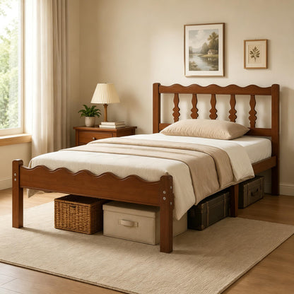 Bednowitz 14 Inch Twin Bamboo Bed Frame with Mid-Century Wavy Headboard, Heavy Duty Solid Wood Platform Bed with Metal Slats, Noise-Free, Easy Assembly, Walnut Finish