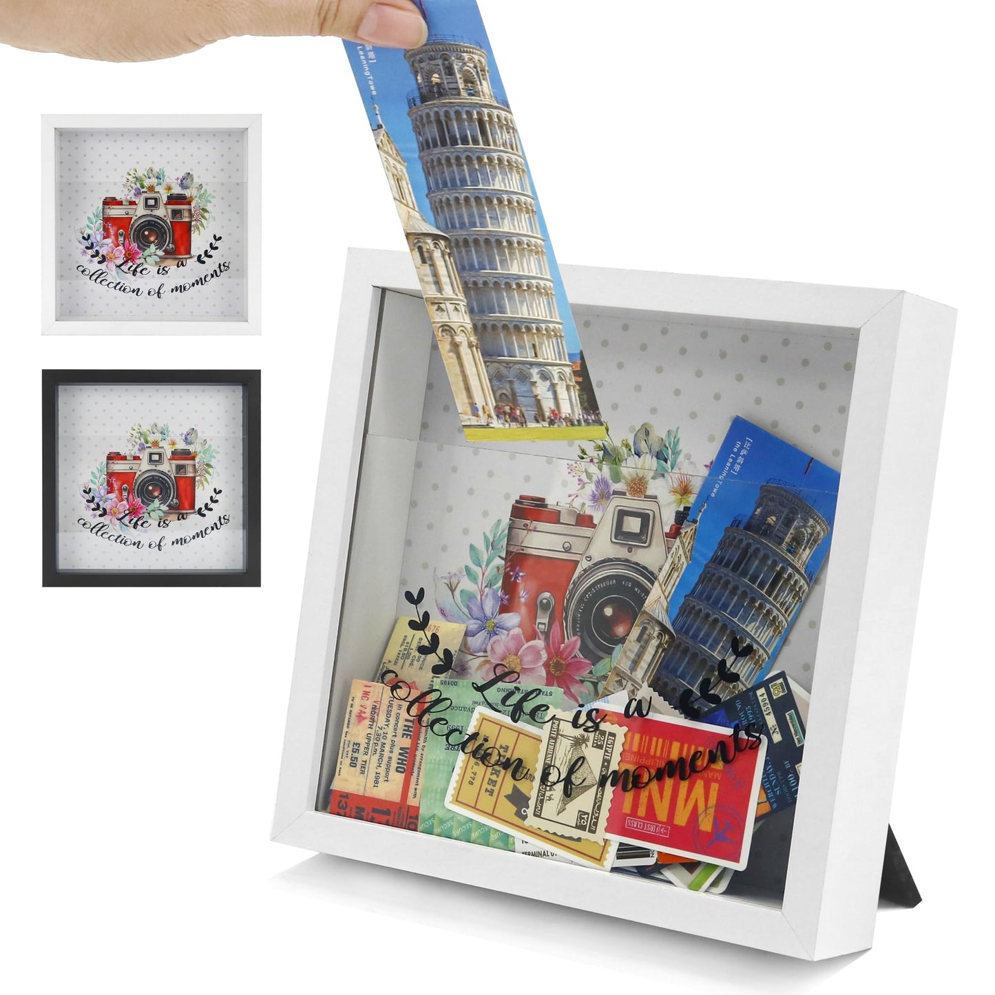 FramePro 8"x8" Travel Memory Shadow Box with Slot - Ticket Stub Organizer & Memory Box for Keepsakes, Shadow Box Frame Display Case for Photos and Tickets, Wall Mount or Tabletop (White)