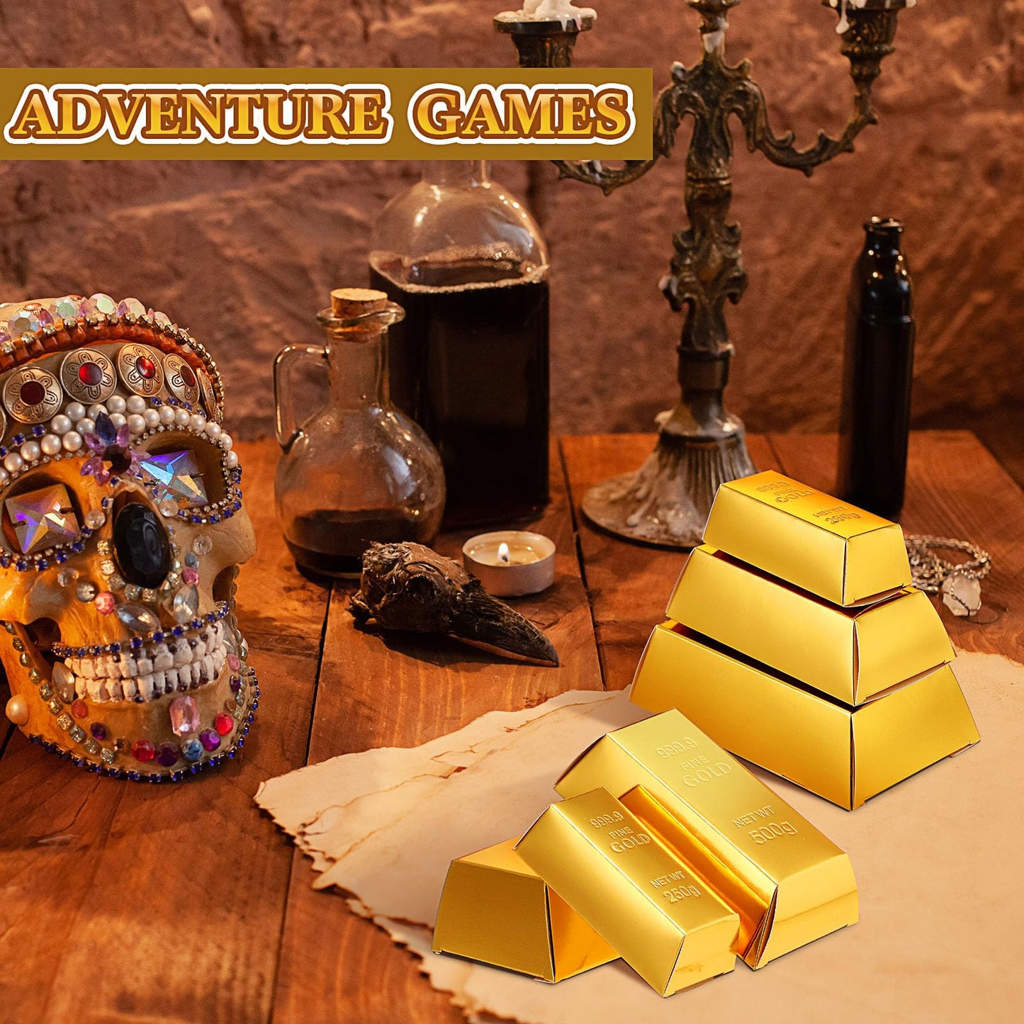 Honoson 150 Pcs Gold Bar Fake Gift Box Foil Gold Bar Party Favor Boxes Paper Golden Favor Boxes Treasure Brick for Pirate Casino Theme Party Decorations Candy Treats Chocolate Toys, 5.5 x 3.2 Inches