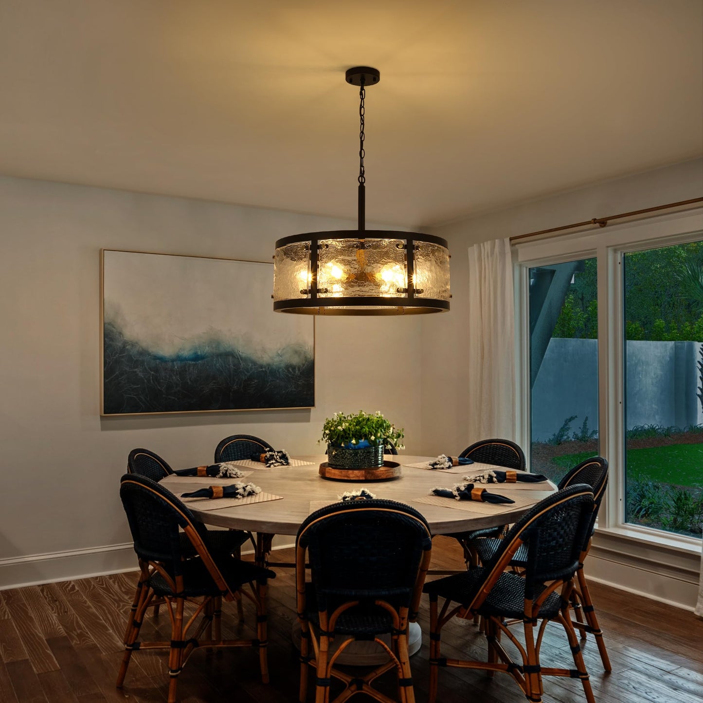 CNRATYE 23.6" Large Farmhouse Drum Black Chandelier, 6-Light Vintage Round Glass Chandeliers for Dining Room, Industrial Light Fixture for Kitchen Living Room Stairwell, Clear Waterglass Drum Shade