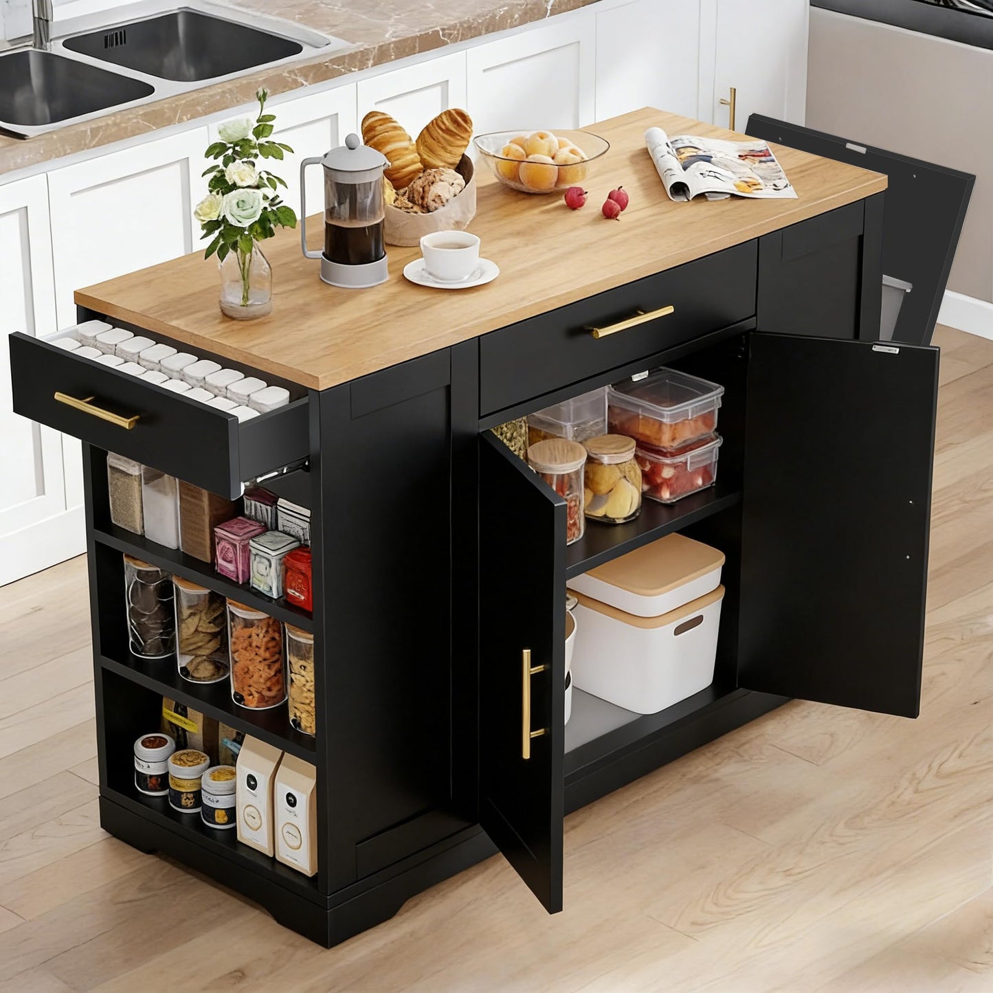 YITAHOME 53 Inch Large Rolling Kitchen Island with Trash Can Storage Cabinet, Portable Mobile Islands Table Long Floating Movable w Wheels Cabinet for 13 Gallon Garbage Bin 2 Drawer, Black