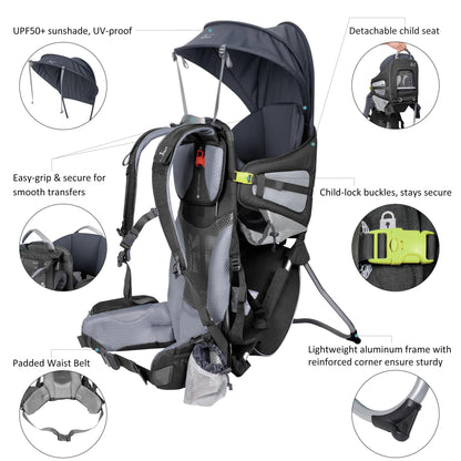 WIPHA Hiking Backpack Carrier for Toddlers, Adjustable Child Carrier with Sunshade, Lightweight Hiking Carrier for Toddlers (Black)