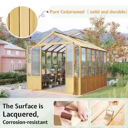Jocisland 8x9.5x7.5 Ft Wooden Greenhouse, Pre-Assembled Solid Cedar Frame, Walk-in Design, Lockable Door, Adjustable Roof Vents, Polycarbonate Panels for Outdoor, Garden, Backyard