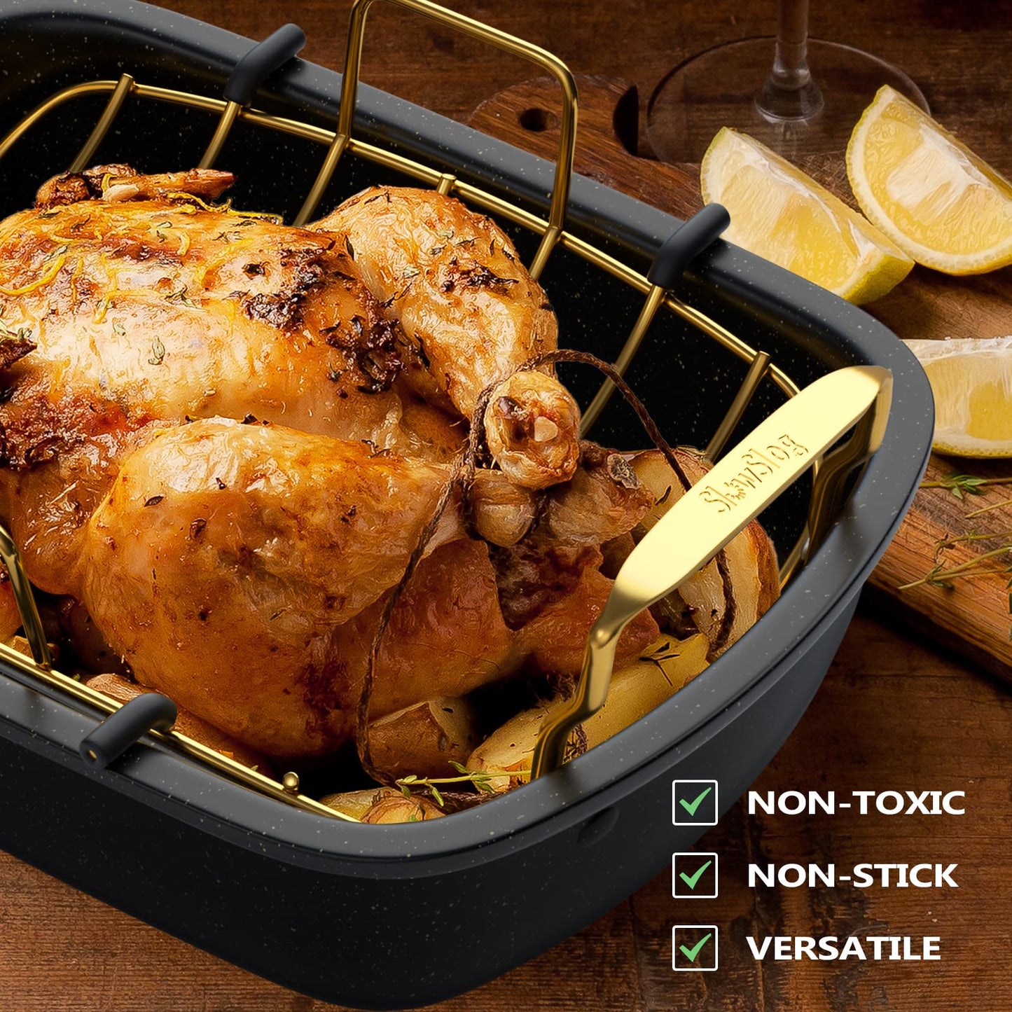 Slow Slog Roasting Pan, 17 Inch x 13 Inch Roaster with Removable Rack, Nonstick Roaster Pan for Roasting Turkey, Meat & Vegetables (Gold)