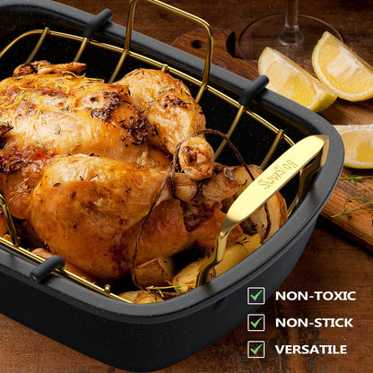 Slow Slog Roasting Pan, 17 Inch x 13 Inch Roaster with Removable Rack, Nonstick Roaster Pan for Roasting Turkey, Meat & Vegetables (Gold)