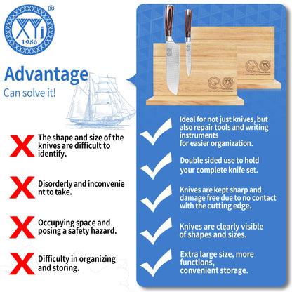 XYJ Authentic Since 1986, Magnetic Knife Block, Double Side Kitchen Knife Stand, Acacia Wood, Magnetic Knife Holder with Strong Enhanced Magnets,Knives Storage Rack Stand for Home Kitchen