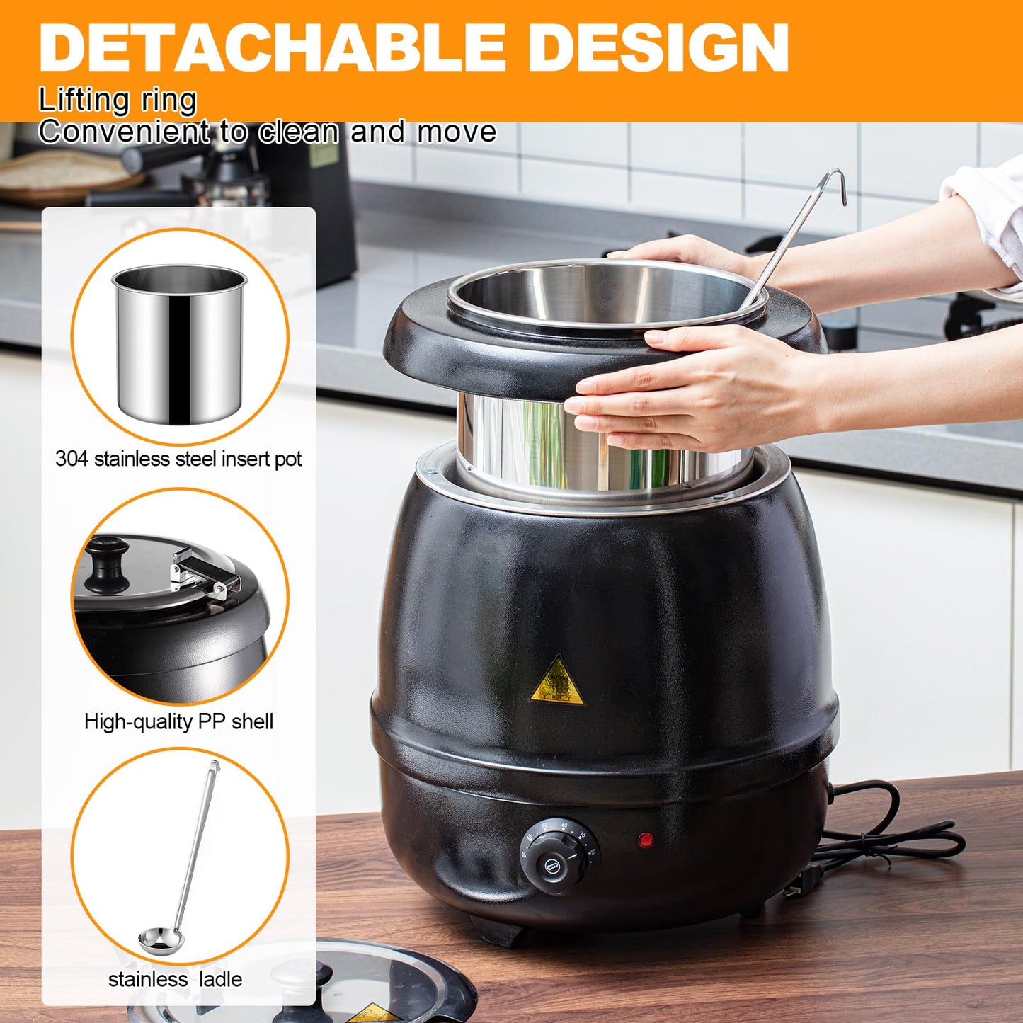 Suclain 2 10.5 Quart Commercial Soup Warmer 110v Electric Large Commercial Soup Kettle Warmer with 2 Ladles Stainless Steel Hinged Lid Detachable Pot Portable Electric Pot for Family Gathering