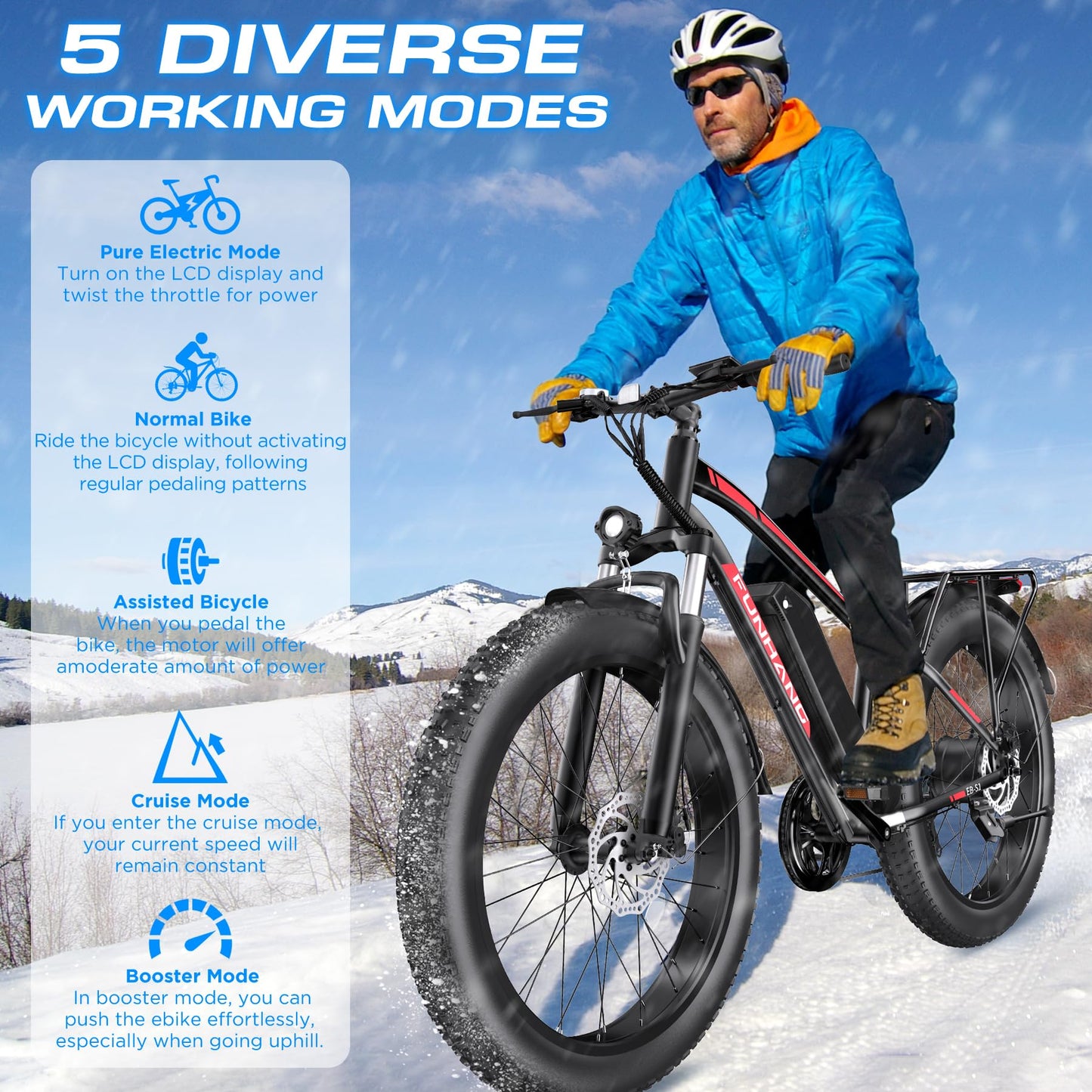 Funhang Electric Bike for Adults, 1000W Peak Ebike, 20MPH 60Miles Electric Mountain Bike, 26" Fat Tire Electric Bicycle with 48V 13AH Battery, Front Suspension,7 Speed, Rear Rack, UL 2849 Certified