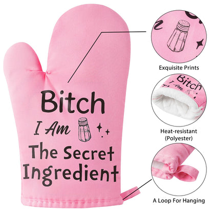 GROBRO7 6Pcs Funny Oven Mitts Pot Holders Baking Gift, I Am The Secret Ingredient Resistant Hot Pad Machine Washable Gloves with Hanging Pocket Potholder for Friend Women Gift for Love Kitchen Cooking