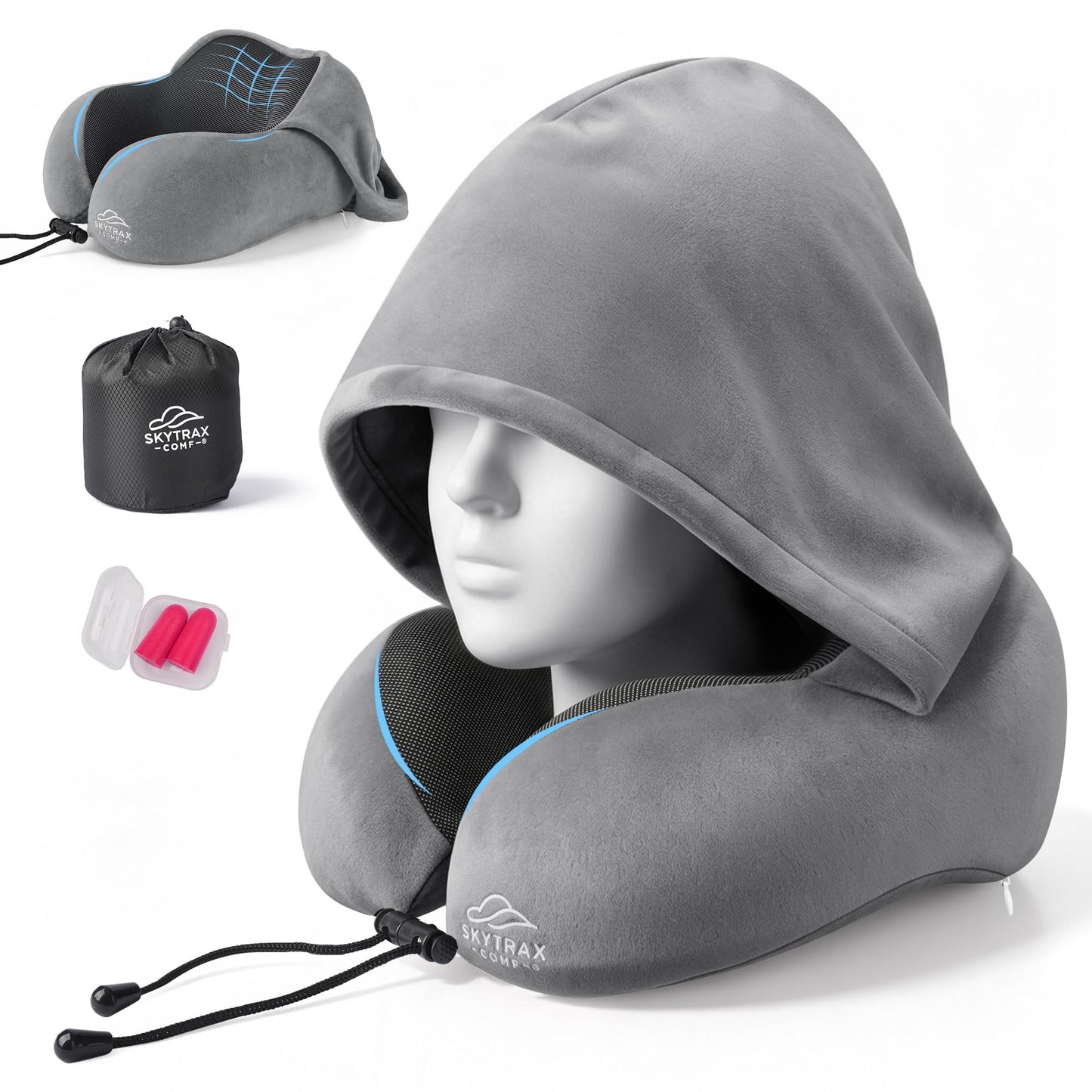 SkytraxComf® Travel Neck Pillow with Hood for Privacy on Long Flights