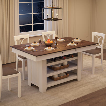 SLEKVERSA Farmhouse Dining Counter Height Table with Wine Rack & 3 Shelves, 36" Wooden Tall Dining Table with 2 Drawers, Thick Frame Counter Height Kitchen Table for Entertaining, Retro White Brown