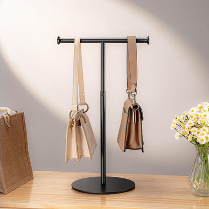 niffgaff T Bar Purse Display Stand Tabletop: Adjustable Height Handbag Holder, Countertop Hanging Rack for Long Necklace Scarf Lanyard, Black