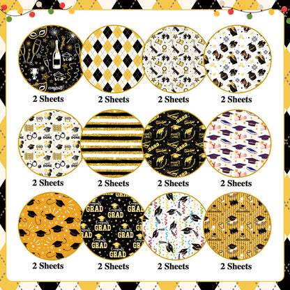 Konsait 24 Sheets Graduation Scrapbook Paper 12x12, Double Sided Grad Patterned Paper Black and Gold Decorative Cardstock Graduation Origami Papers for Card Making Scrapbook Supplies