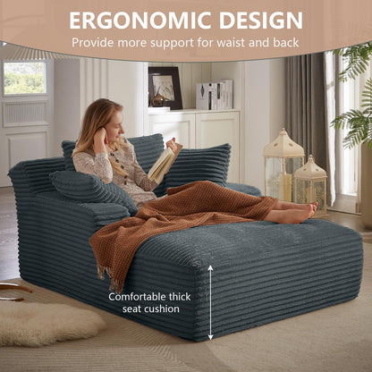49.2"W Oversized Chaise Lounge Chair Indoor,Comfy Boneless Reading Chair with 3 Pillows, Luxurious Corduroy Fabric Single Cloud Sofa Chair for Living Room & Bedroom,No Assembly Required,Dark Grey