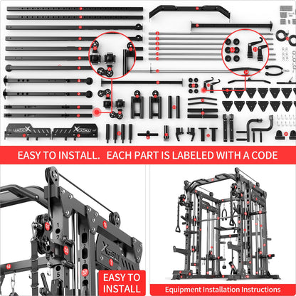 XGSW XINGESIWR Multi-Purpose Squat Rack,Smith Machine Weight Rack Set with Cable Crossover System, Home Gym Power Racks, Power Racks and Packages (L04, Power cage Black+Bench+Cast lron 184LBS)