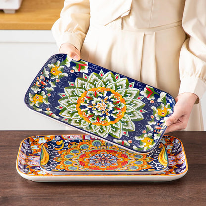 vancasso Serving Platters Set of 3, 16"/14"/12" Inch Rectangular Trays - Serving Platter Extra Large, Ceramic Bohemian Serving Dish for Entertaining Food, Microwave & Dishwasher Safe, Colorful