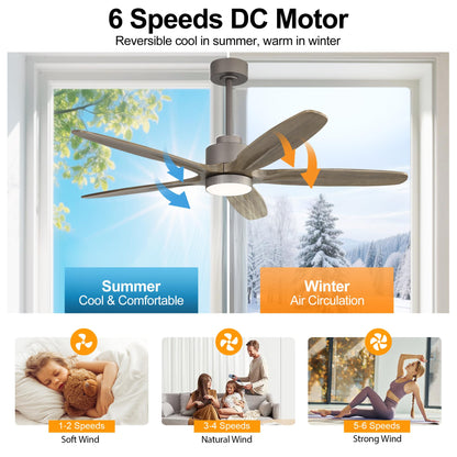 WINGBO 54" Ceiling Fan with Light - 5 Carved Solid Wood Blades, 6-Speed Reversible DC Motor, Dimmable, 3CCT, Noiseless Remote Control Ceiling Fans with Lights for Bedroom Living Room, Charcoal Gray