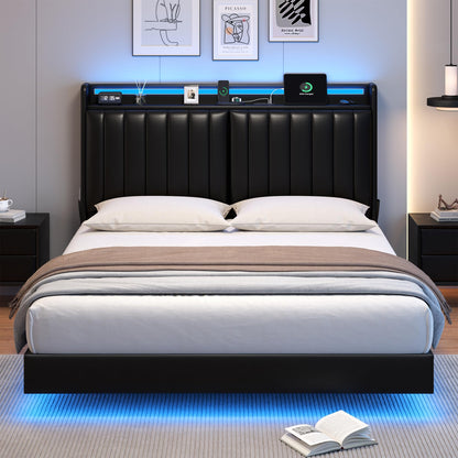 Jocoevol Queen Size Floating Bed Frame with Ergonomic Hidden Storage Headboard and LED Lights, Visual Floating LED Bed Frame with Charing Station, Leather Upholstered Platform Bed, Heavy Duty, Black