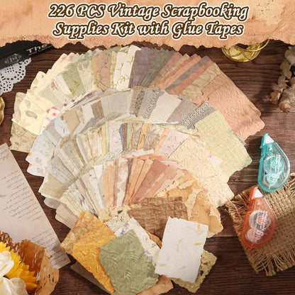 226 Sheets Vintage Scrapbook Paper Kit with Photo Tapes, Textured Scrapbooking Supplies Craft Paper for Junk Journal Supplies Planner Mixed Collage Materials Embellishments