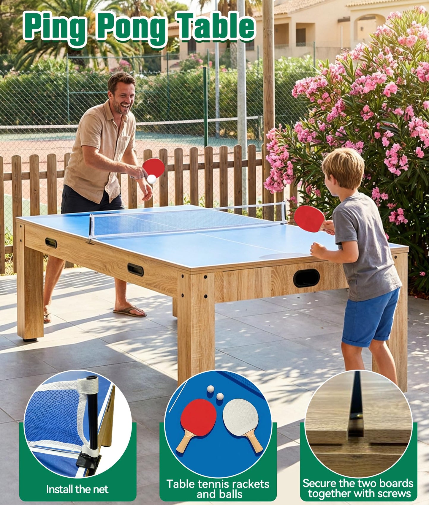 7FT 4-in-1 Multi Game Table with Pool Table Air Hockey Ping Pong, Convertible Pool Dining Table & Desktop with Locked Wheels, Complete Accessories Table Combo for Home, Game Room and Family Daily Use
