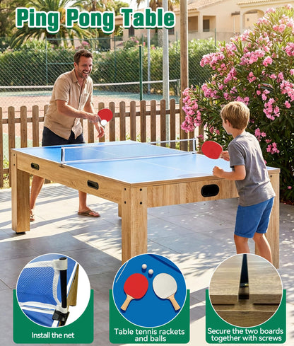 7FT 4-in-1 Multi Game Table with Pool Table Air Hockey Ping Pong, Convertible Pool Dining Table & Desktop with Locked Wheels, Complete Accessories Table Combo for Home, Game Room and Family Daily Use
