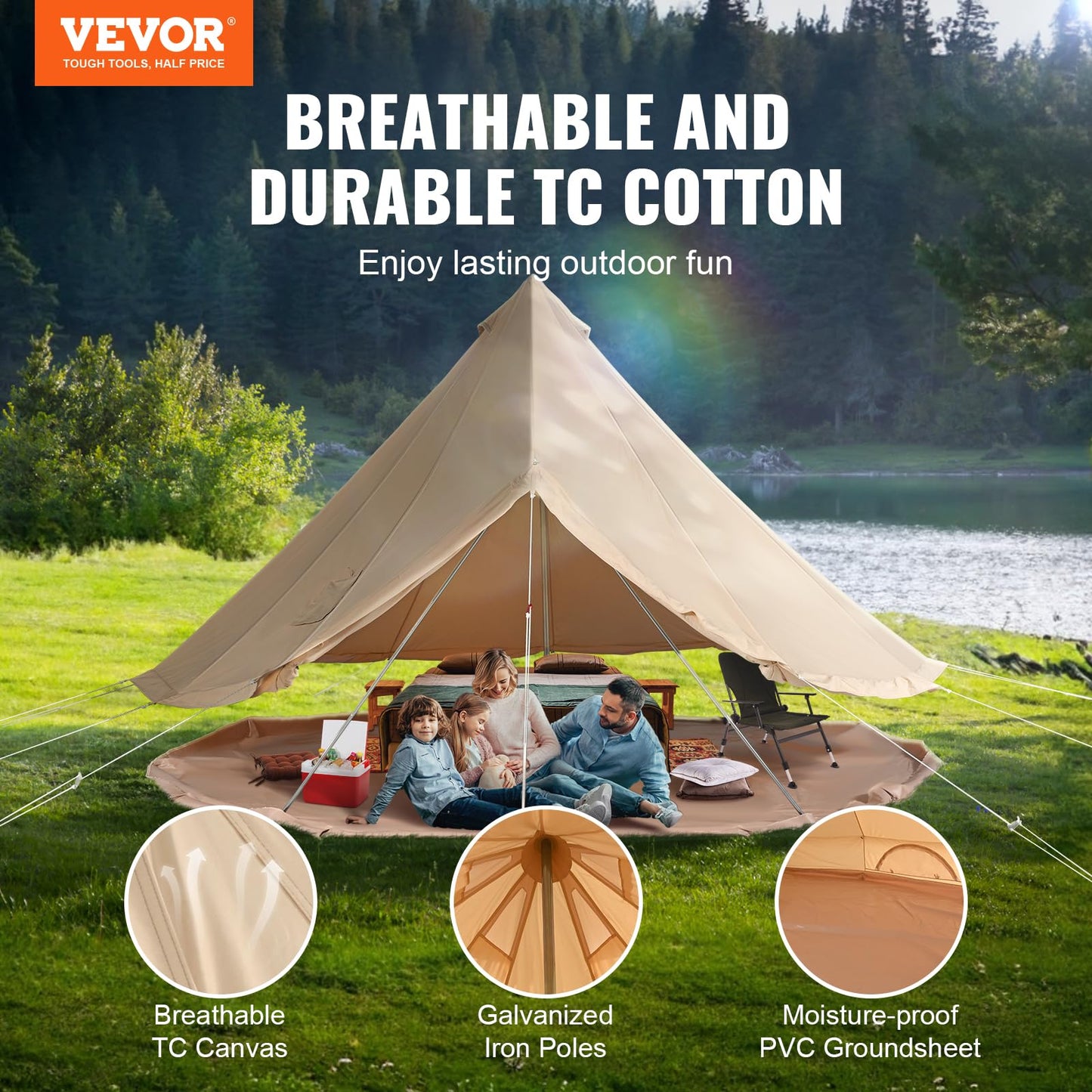 VEVOR Canvas Bell Tent, 4 Seasons 6 m/19.68 ft, Canvas for Camping with Stove Jack, Breathable Holds up to 10 People, Family Camping Outdoor Hunting Party