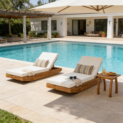 2 PCS Outdoor Lounge Chaise with Cushions, Teak Finish Acacia Wood Lounge Chair Lounge with Cream Cushion for Outdoor Furniture Pool Lawn Deck(Shipped in 2 Boxes)