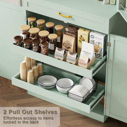 HQZX 71’’ Tall Kitchen Pantry Cabinet, Pantry Storage Cabinet with 6 Doors Shelves, Large Drawer & 2 Pull Out Shelves, Freestanding Cupboard for Kitchen, Dining Room, Green