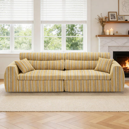 KEIKI 111" Boucle Striped Modular Compressed Sponge Sofa with High-Density Foam Cushion and Throw Pillows, Modern Style Oversized Upholstered 3-Seater Couch, Easy Assembly, for Living Room, Yellow
