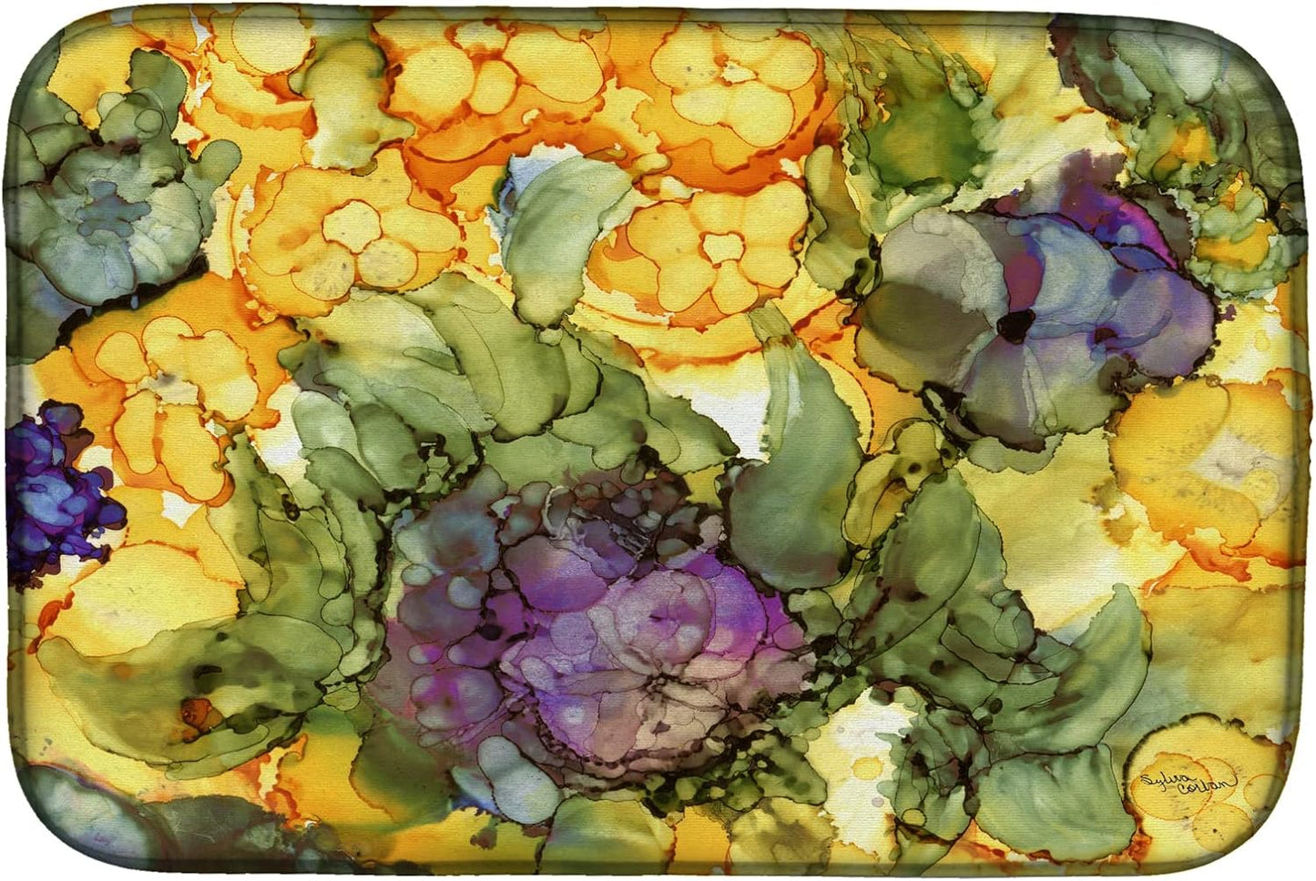 Caroline's Treasures 8958DDM Abstract Flowers Dish Drying Mat, Purple and Yellow Absorbent Pad for Kitchen Counter, 14