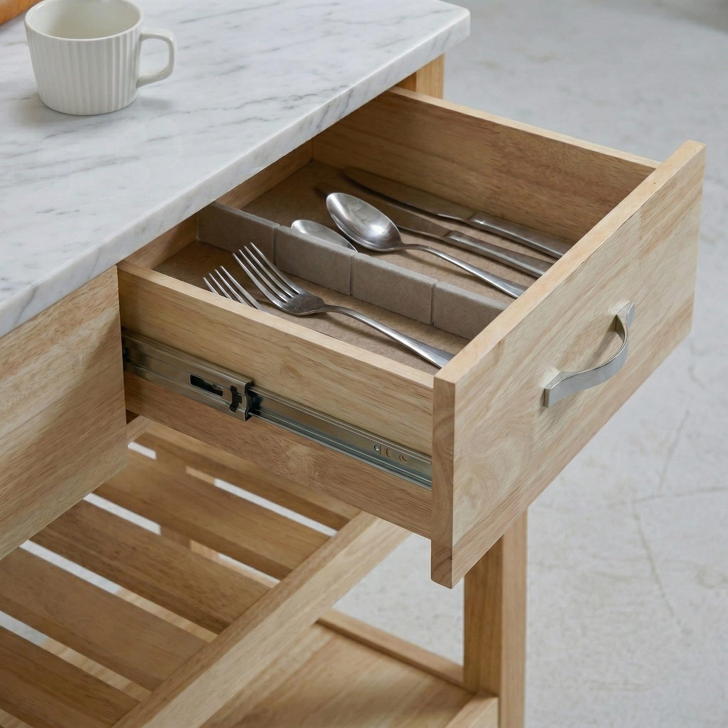 Casaphoria Amanda Collection Solid Wood Kitchen Island, 42" Butcher Block Cart with Cultured Marble Top & Locable Wheels, Prep Table for Small Spaces (Natural)