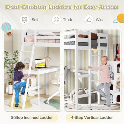 KOMFOTT Twin Loft Bed with Desk, Solid Wood Twin Bed Frame with 2 Ladders, Safety Guardrail for Teenagers, Space-Saving Loft Bed with Wooden Slats Support, No Box Spring Needed (White)