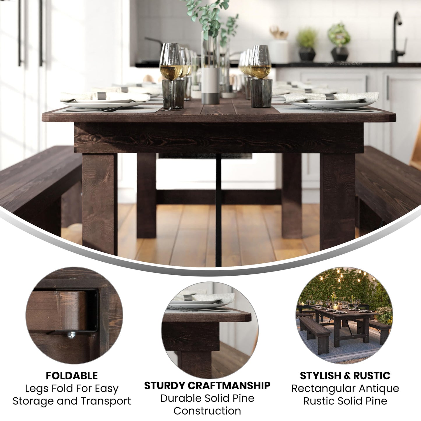 Taylor & Logan Ingles 8' x 40" Rectangular Antique Rustic Mahogany Solid Pine Folding Farm Table