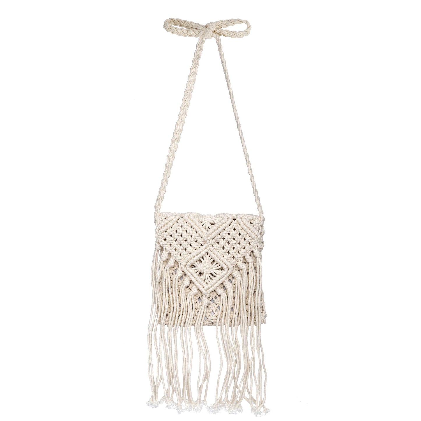 Women Tassel Shoulder Bag, Girls Fringed Crochet Purse Boho Crossbody Bags, Vintage Hand Woven Cotton Rope Hippie Style for Beach Vacation, Travel, Daily Use, Beige, Beige, S